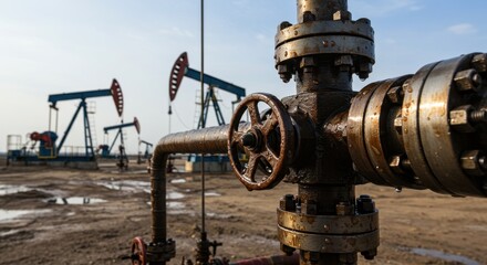 Close up of a rusty oil well valve and pipeline, with pump jacks in the background. Petroleum industry and energy production concept.