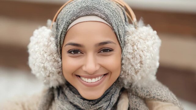 A close-up face portrait of a Middle Eastern Muslim woman wearing earmuffs and a winter jacket, smiling warmly at the camera, conveying a friendly, confident, and cozy winter mood