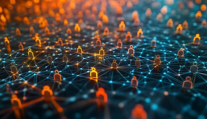 Obraz premium Network of glowing orange and blue human figures connected by lines connection people