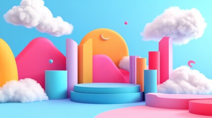 Colorful 3D illustration of abstract geometric shapes and clouds, featuring vibrant hills and a circular platform, creating a playful and imaginative environment for design projects
