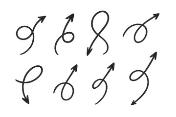 Hand-drawn black arrows doodle set pointing in various directions, sketch scribbled symbols with transparent background