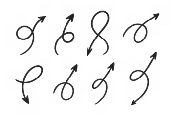 Hand-drawn black arrows doodle set pointing in various directions, sketch scribbled symbols with transparent background