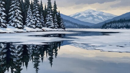 Serene Winter Landscape Reflection of Snow-Covered Pine Trees and Mountains on Icy Lake.