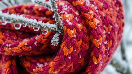 Close up of a knitted scarf with frost and ice droplets on a pine branch.