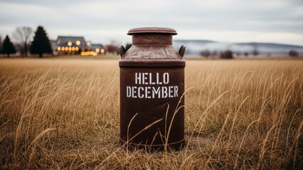 Vintage Milk Can with Hello December Message in a Rural Field.