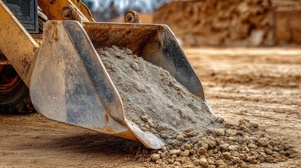 Skid steer loader bucket filled with soil and gravel prepares a construction site, highlighting heavy industrial machinery at work.

