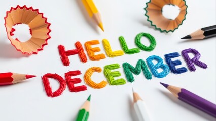 Hello December message with colorful pencils and shavings on white background.