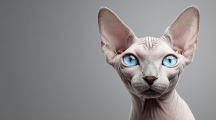 Hairless sphynx cat with striking blue eyes and wrinkled skin gazes calmly forward with an intense, elegant presence.

