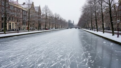 Frozen Canal in Amsterdam Lined with Snow-Covered Trees and Historic Buildings.