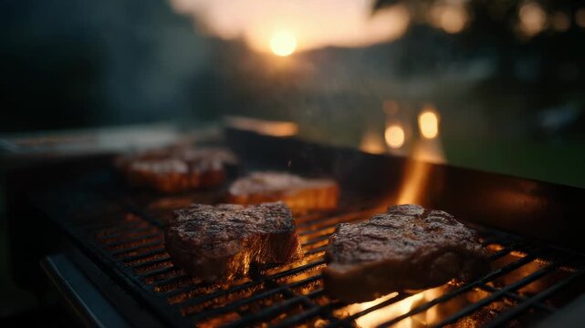 Cooking Beef Steaks on a Hot Grill During Sunset with Flames and Smoke