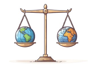Two globes balanced on a scale with chains and white background earth weighing