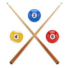 Pool billiard cues and balls equipment, isolated subject