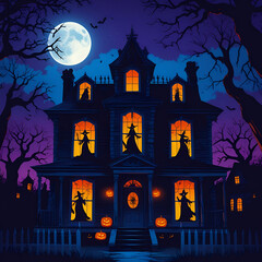 Scary silhouettes in Halloween house windows