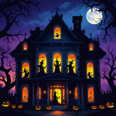 Scary silhouettes in Halloween house windows