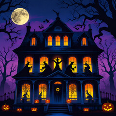 Scary silhouettes in Halloween house windows