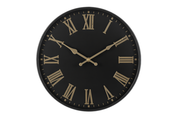 A round black wall clock with gold Roman numerals and hands on a white background, showcasing its classic design.