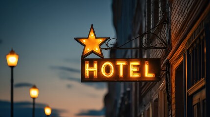 Illuminated four star hotel sign on an urban building at dusk, welcoming travelers seeking comfort and a pleasant stay.

