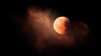 Red moon glows through dark clouds in the night sky, symbolizing a dramatic cosmic event and eclipse phase.
