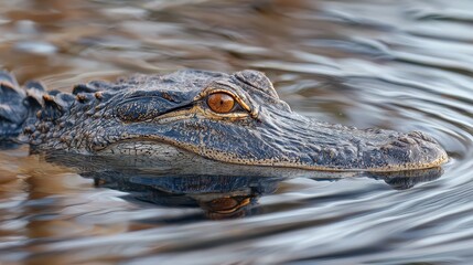 Obraz premium Large alligator glides through still water with ripples forming around its scaly body and intense orange eye 