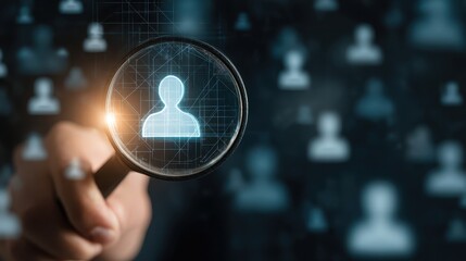 Hand holding a magnifying glass highlighting a glowing human profile icon within a digital network, symbolizing online people search and data discovery.
