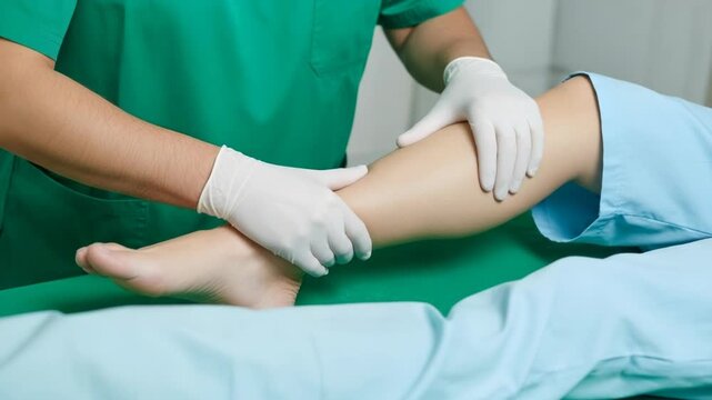 A medical professional in green scrubs examining a patients leg