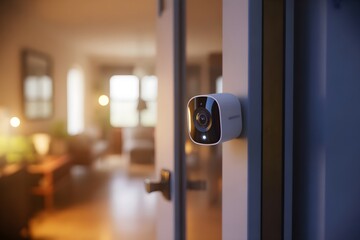 Closeup of a smal smart camera installed on room door for security 