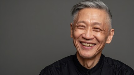 Happy senior Asian man with grey hair smiling sincerely, conveying warmth and a positive mood in a simple black shirt
