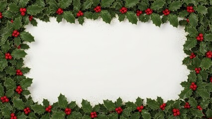 Festive Holly Border with Red Berries and White Space for Text.