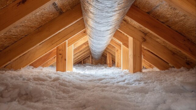 Insulated flexible air ducts installed in an attic space among white cellulose insulation for efficient home ventilation and energy savings
