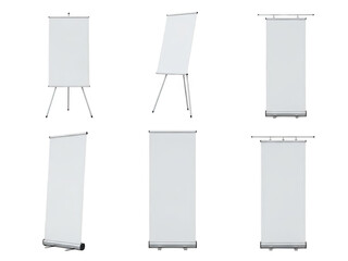 Collection of blank roll-up banners and presentation boards isolated on transparent background