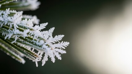 Close-up of delicate frost crystals on a pine needle in winter.