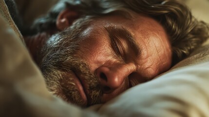 A close photo of a middle aged man sleeping peacefully on a soft pillow represents deep rest, comfort, and healthy nighttime recovery.
