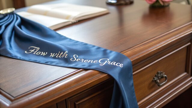 Blue Sash with Serene Grace on Wooden Desk, Celebrating Achievement