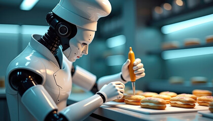 Futuristic robot chef preparing pastries in a modern kitchen with copy space