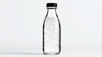 A clear glass bottle filled with sparkling water and rising bubbles represents freshness, purity, and minimalist product design.
