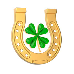 Clover and horseshoe on white background. Isolated 3D illustration