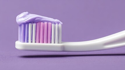 A white toothbrush with purple toothpaste on a soft lilac background symbolizes dental hygiene, freshness, and daily oral care routine.
