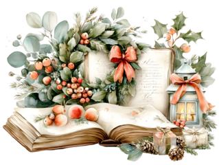 Enchanting holiday vignette watercolor artwork a small wreath tied with a red bow Christmas storybook style rendered in gentle realistic style soft pastel tones whi