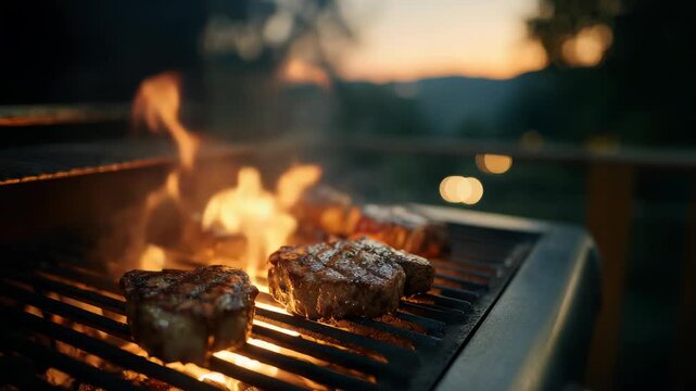 Outdoor BBQ Grilling with Flames and Sizzling Meat at Sunset