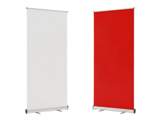 Two roll-up banners, one white and one red, isolated on transparent background