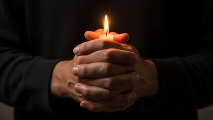 Close-up of a person holding a lit candle in dark surroundings symbolizing hope or prayer