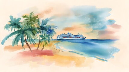 Fototapeta premium Vibrant Caribbean Beach Watercolor Illustration Cruise Ship Serene Summer Holiday Scene Stock Image