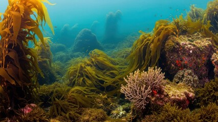 Vivid underwater scene showcasing diverse marine flora including seaweeds and corals in a vibrant