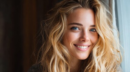 Fototapeta premium A close up portrait of a blonde woman with blue eyes and a warm smile expresses natural beauty, confidence, and healthy skin. 