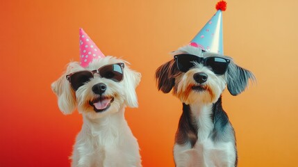 Two cheerful dogs wearing colorful party hats and sunglasses are posing against a vibrant orange background, celebrating a festive occasion with playful expressions and joyful atmosphere