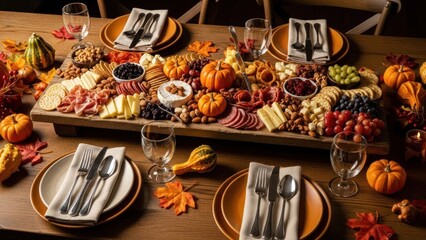 Autumn Harvest Themed Thanksgiving Table Setting with Pumpkin Decorations and Festive Food Display