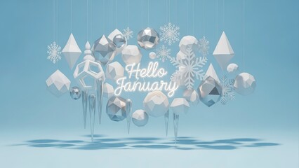 Hello January Winter Wonderland with Abstract Ice and Snow Elements.