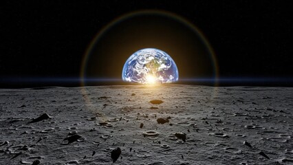 breathtaking view of earth rising from the moon's surface with a cosmic halo atmosphere