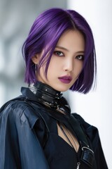 A woman with purple hair is wearing a black outfit and a black necklace