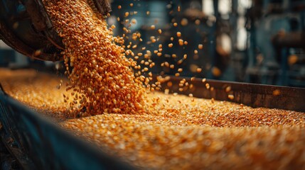 An industrial machine releases a stream of golden corn kernels, symbolizing automated grain processing, agricultural production, and harvest business efficiency.
